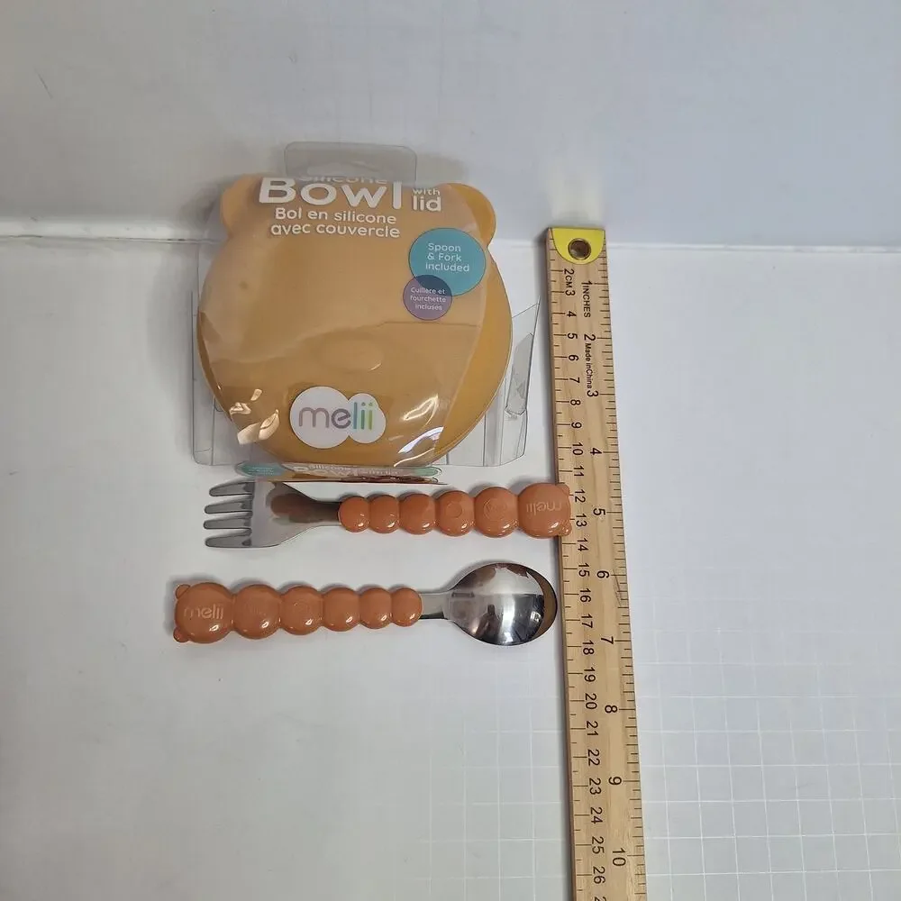 NWT Melii Teddy Bowl Set Lid Spoon Fork Silicone Toddler Feeding Set